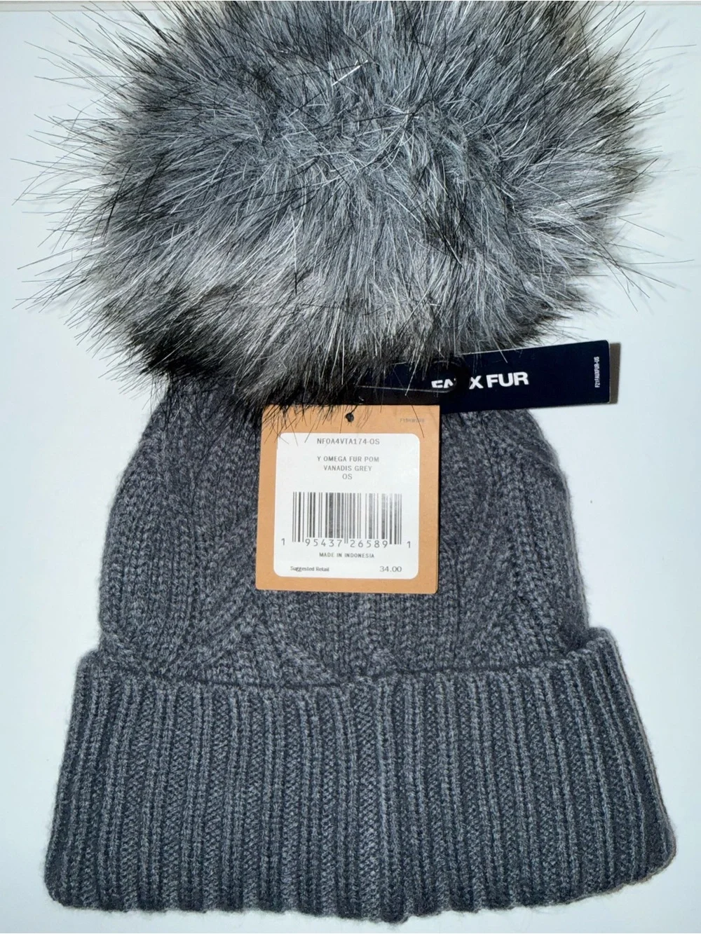 The North Face KIDS Gray Knit Pom Beanie with Faux Fur Pom